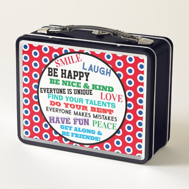 Monogram Red White Blue Dots Motivational Metal Lunch Box (Back)