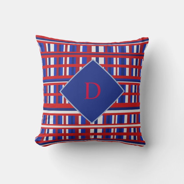 Monogram Red, White Blue Plaid Patriot Cushion (Front)
