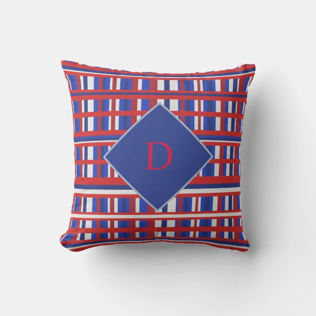 Monogram Red, White Blue Plaid Patriot Outdoor Cushion (Front)