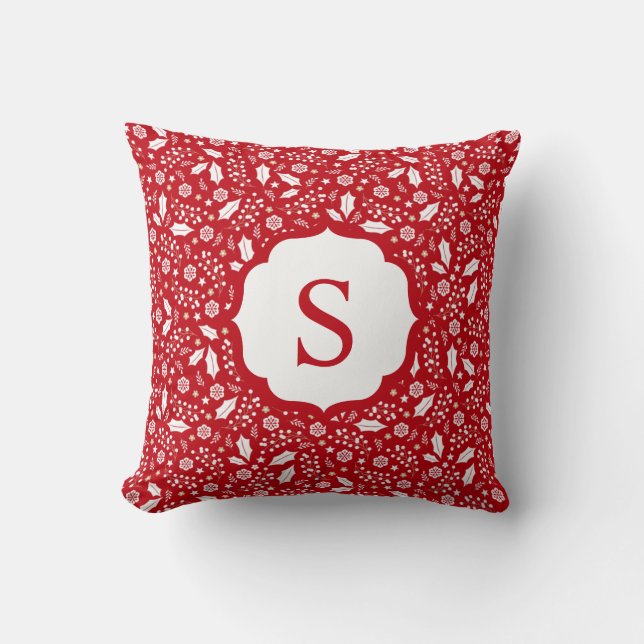 Monogram Red White Christmas Floral Pattern Cushion (Front)