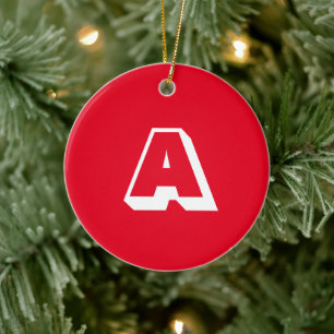 Monogram red & white custom initial Christmas Ceramic Tree Decoration