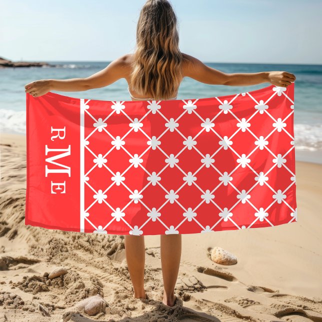 Monogram Red White Geometric Pattern | Editable Beach Towel (Creator Uploaded)