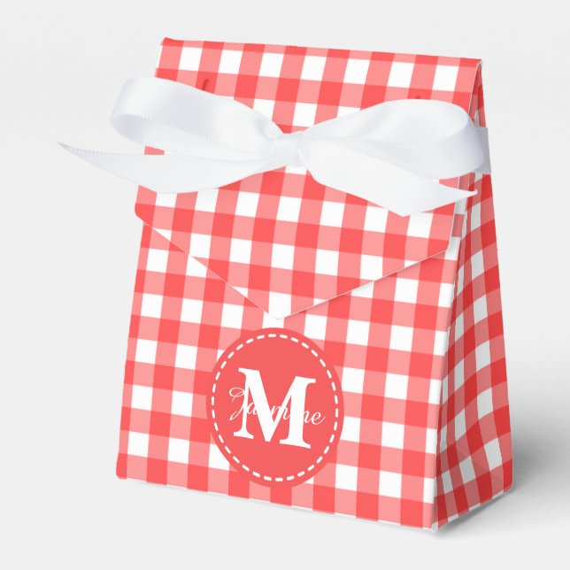 Monogram Red White Gingham Check Pattern Favour Box (Front Side)