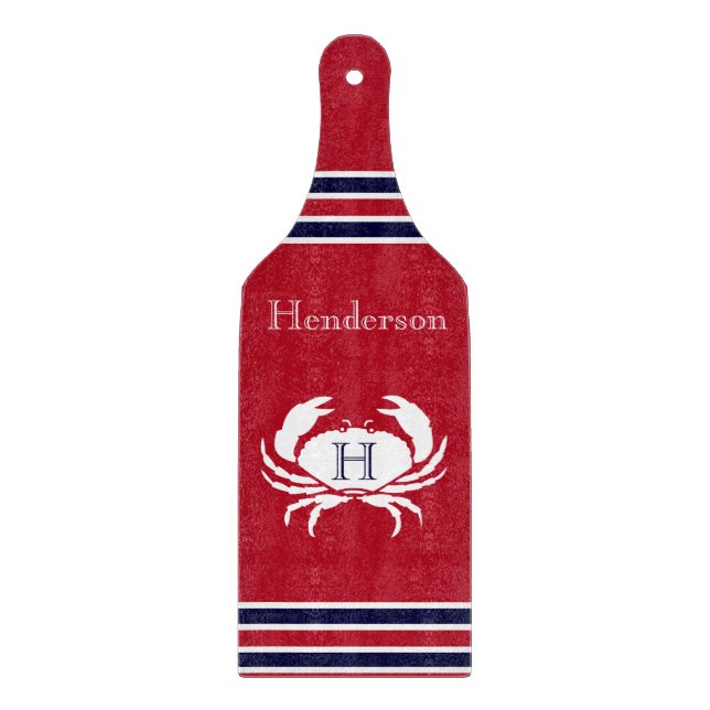 Monogram  Red White Navy Blue Crab Nautical  Cutting Board (Front)