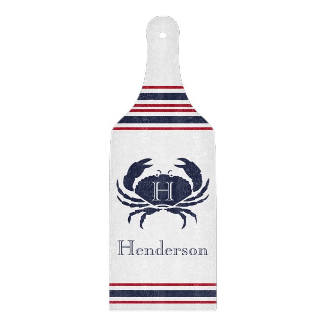 Monogram  Red White Navy Blue Crab Nautical  Cutting Board (Front)