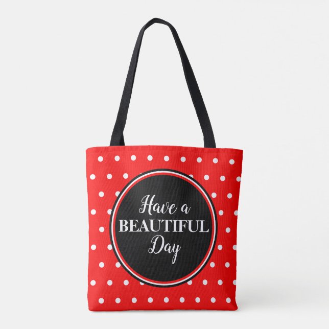 Monogram Red White Polka Dots Quote Tote Bag (Back)
