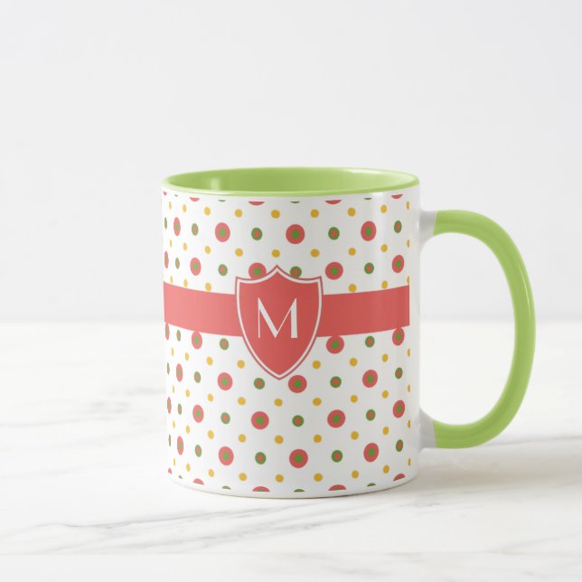 Monogram Red White Polka Dots Ringer Coffee Mug (Right)