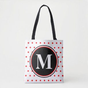 Monogram Red White Polka Dots Tote Bag
