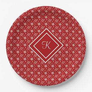 Monogram Red White Snowflake Christmas Holiday Paper Plate
