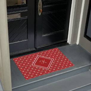 Monogram Red White Snowflake Winter Holiday  Doormat