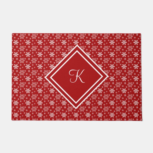 Monogram Red White Snowflake Winter Holiday  Doormat (Front)