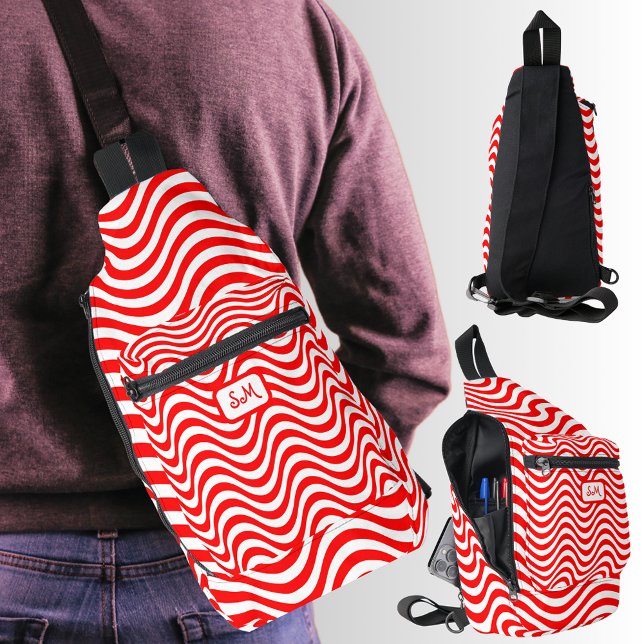 Monogram Red & White Wavy Stripes Psychedelic Sling Bag (Monogram Red & White Wavy Stripes Psychedelic Sling Bag)