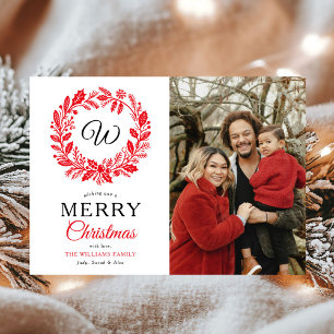 Monogram Red Wreath Merry Christmas Photo Holiday Card