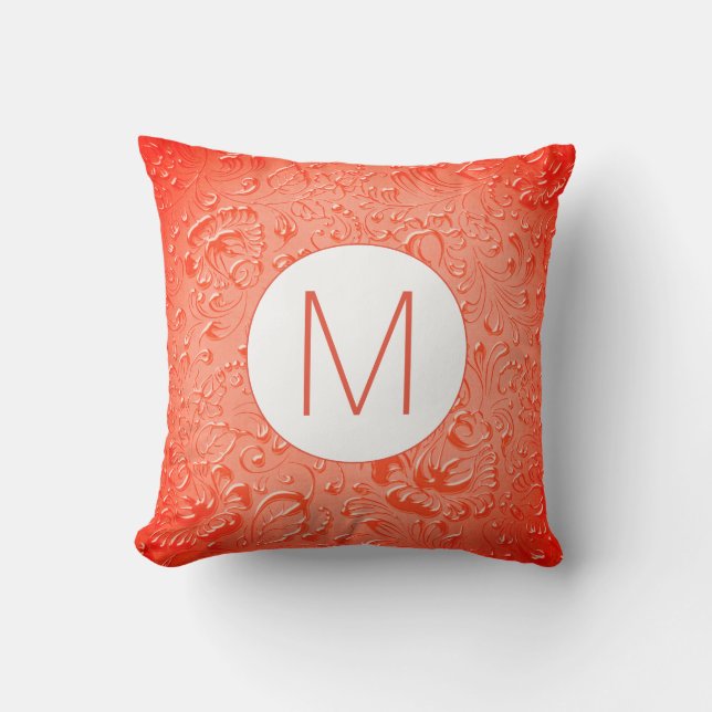 Monogram Reddish Colour Embossed Floral Cushion (Front)