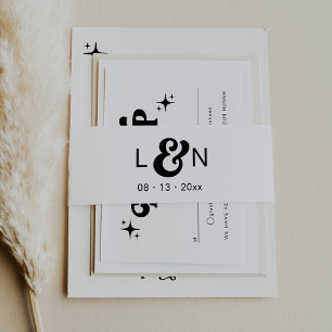 Monogram Retro 70's Black And White Belly Band  Invitation Belly Band
