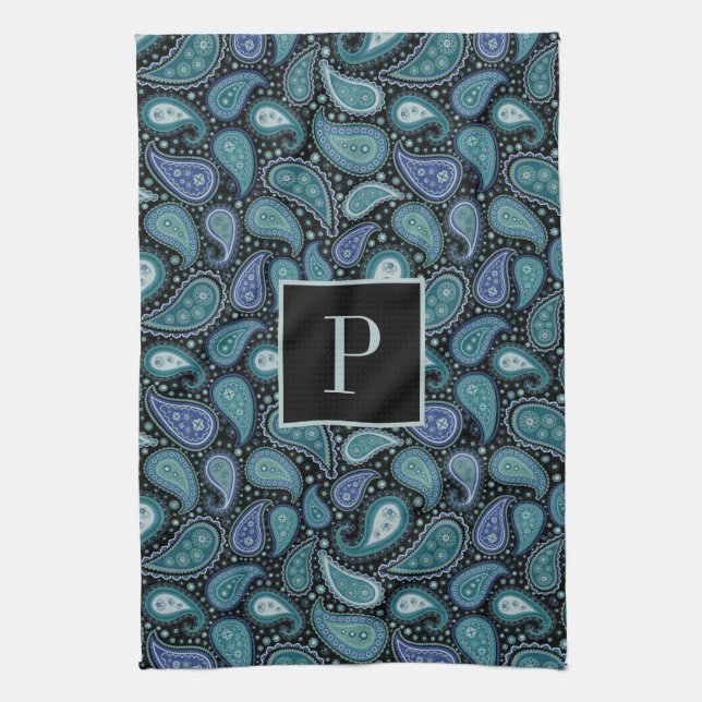 Monogram Retro Blue Paisley Pattern Tea Towel (Vertical)
