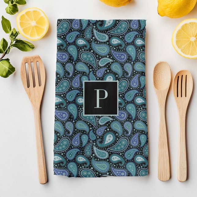 Monogram Retro Blue Paisley Pattern Tea Towel (Monogram Retro Blue Paisley Pattern Kitchen Towel)