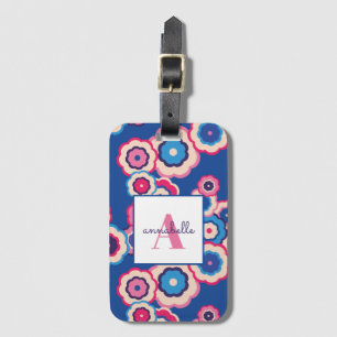 Monogram Retro Blue Pink Flower Power Personalised Luggage Tag
