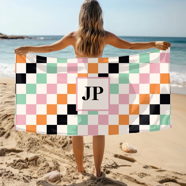 Monogram Retro Chequerboard Custom Monogrammed Beach Towel (Creator Uploaded)