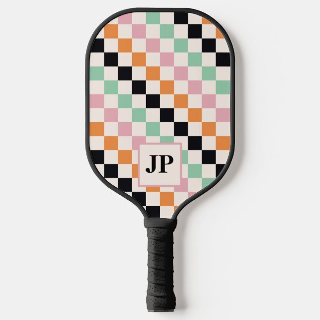 Monogram Retro Chequerboard Custom Monogrammed Pickleball Paddle (Front)