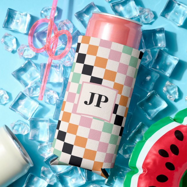 Monogram Retro Chequerboard Custom Monogrammed Seltzer Can Cooler (In Situ Summer)