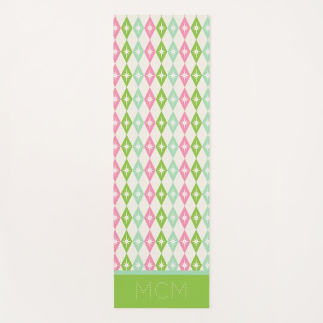 Monogram Retro Christmas Diamonds Pink & Green Yoga Mat (Front)
