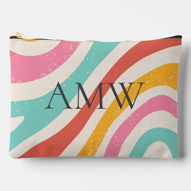 Monogram Retro Colorful Wavy Stripes Zipper Pouch (Front)