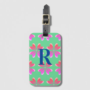 Monogram retro floral green pink luggage tag