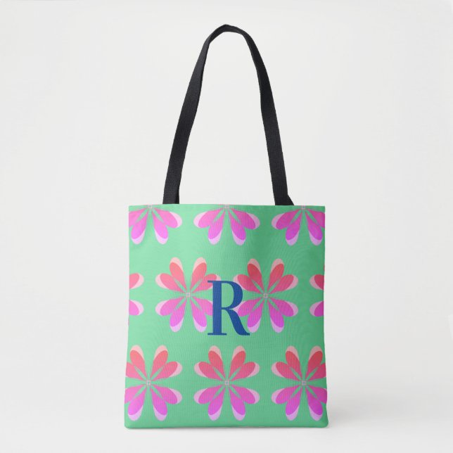 Monogram retro floral green pink tote bag (Front)