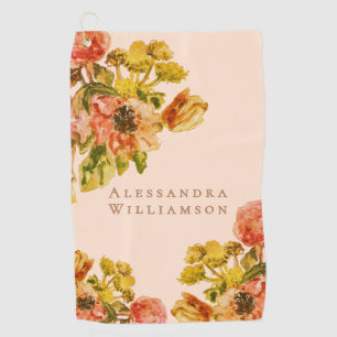 Monogram Retro Floral Pastel Peach Watercolor Boho Golf Towel