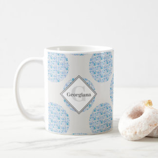 Monogram Retro Florals Berry Blues Polka Dot Coffee Mug