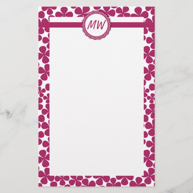 Monogram Retro Flower Pattern Acai Pink and White Stationery (Front)
