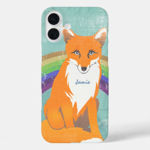 Monogram Retro Fox Art Aqua Orange Retro  iPhone 16 Plus Case