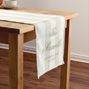 Monogram Retro Green White Stripes Script Wedding Long Table Runner