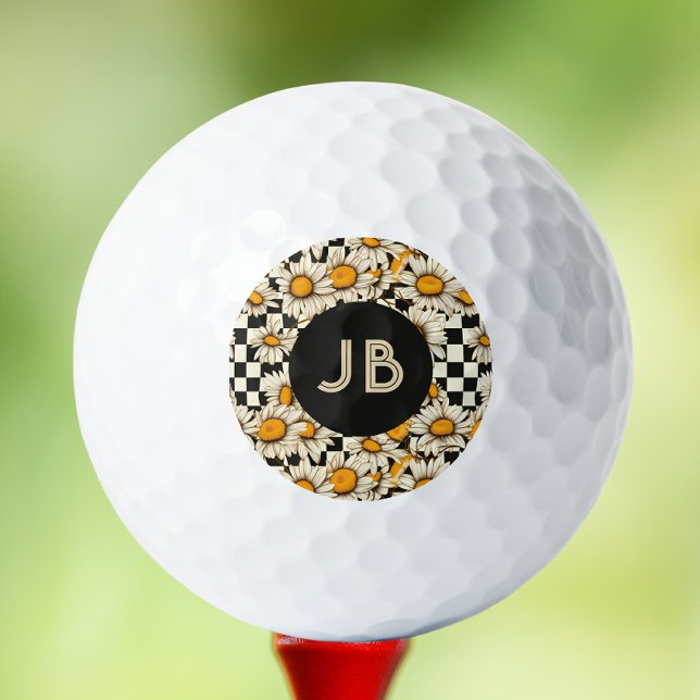 Monogram Retro Groovy Daisy Chequerboard Golf Balls (Creator Uploaded)