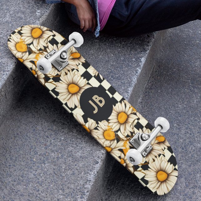 Monogram Retro Groovy Daisy Chequerboard Skateboard (Creator Uploaded)