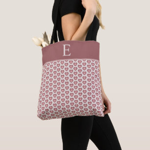 Monogram Retro Hearts Pink Burgundy Tote Bag