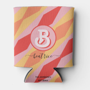 Monogram Retro Hippie 70s Pink Geometric Pastel Can Cooler