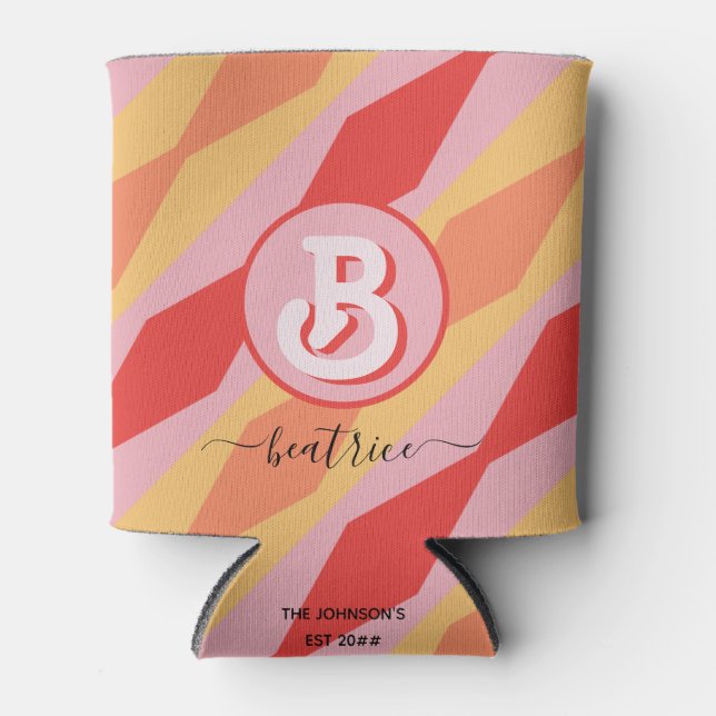 Monogram Retro Hippie 70s Pink Geometric Pastel Can Cooler (Front)