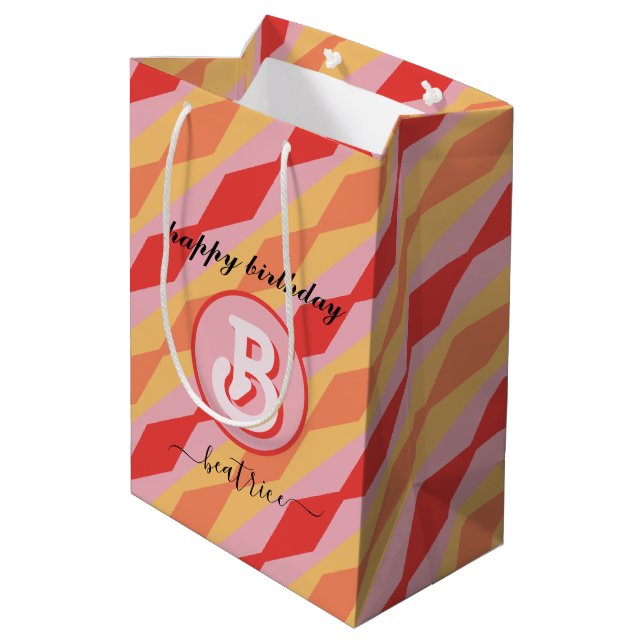 Monogram Retro Hippie 70s Pink Geometric Pastel Medium Gift Bag (Back Angled)