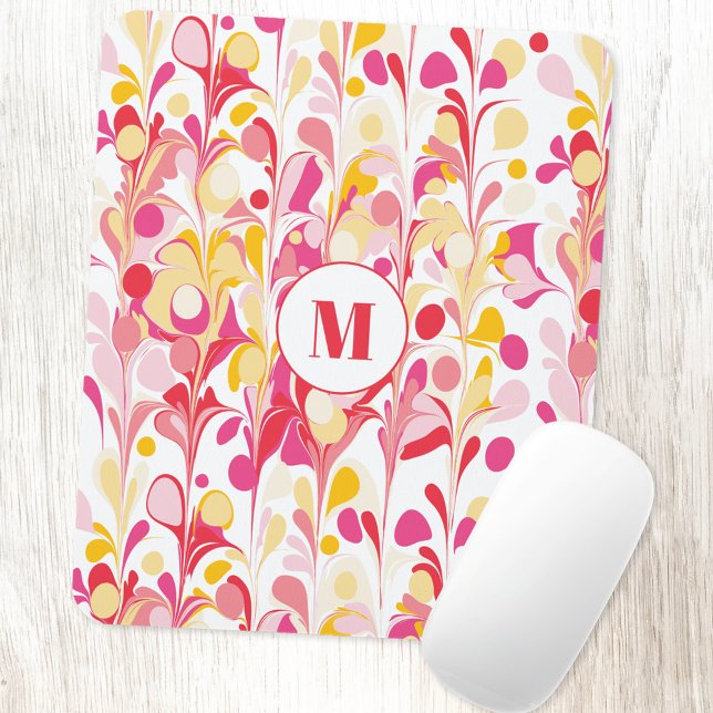 Monogram Retro Marble Abstract Pattern Pink Mouse Mat (Modern retro pink yellow marble pattern personalized monogram initial mousemat)