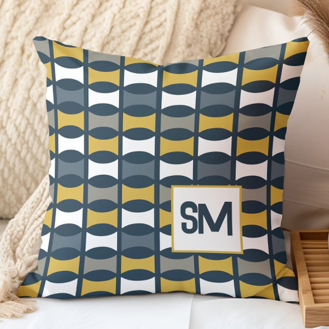 Monogram Retro Mid Century Geometric Navy, Mustard Cushion (Creator Uploaded)