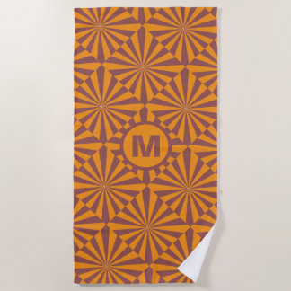 Monogram Retro Orange Sunburst Pattern Beach Towel