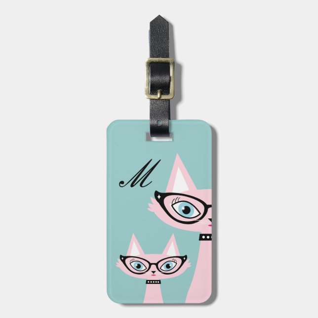 Monogram Retro Pink Cat Luggage Tag (Front Vertical)