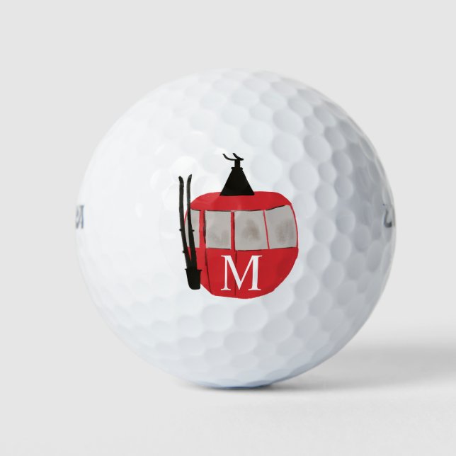 Monogram Retro Red Ski Gondola Lift Personalised Golf Balls (Front)
