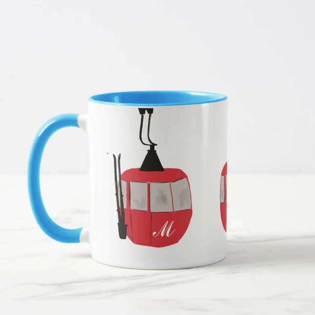 Monogram Retro Red Ski Gondola Lift Personalised Mug (Left)