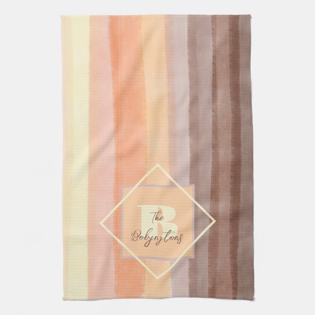 Monogram retro stripes fall yellow orange brown  tea towel (Vertical)