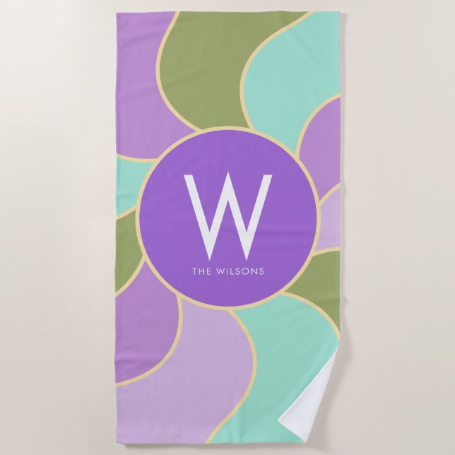 Monogram Retro Sun Waves Purple & Green Beach Towel (Front)