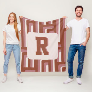 Monogram Retro Terracotta Geometric Pattern Fleece Blanket