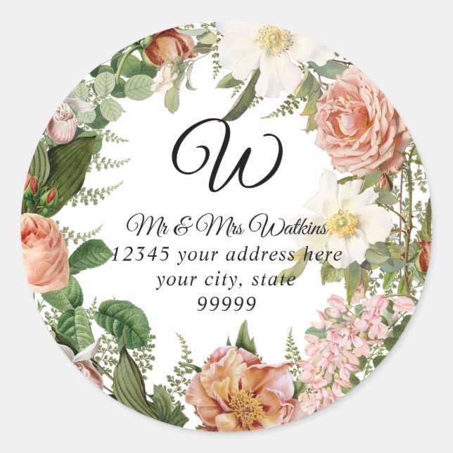 Monogram Return Address Blush Ivory Peon7 Floral Classic Round Sticker (Front)